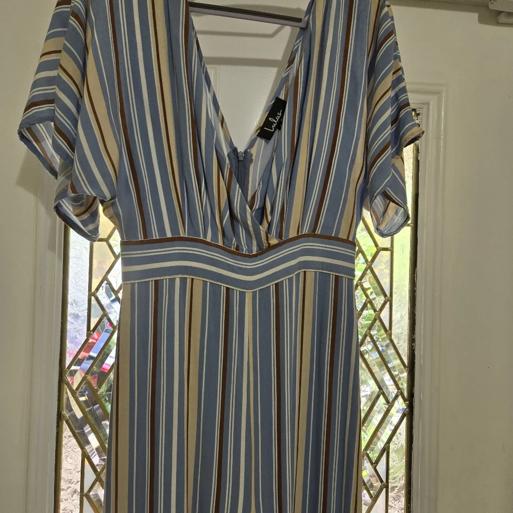 Lulu's Vacation Bae Brown/Blue/Wht Striped Jumpsuit Romper Sm. - Picture 5 of 7